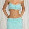 Nessa Fringed Low-Rise Mini Skirt in Aqua Blue