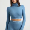 Backless Turtleneck Long-Sleeve Crop Top in Steel Blue Backless Turtleneck Long-Sleeve Crop Top in Steel Blue