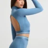 Backless Turtleneck Long-Sleeve Crop Top in Steel Blue Backless Turtleneck Long-Sleeve Crop Top in Steel Blue