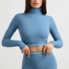 Backless Turtleneck Long-Sleeve Crop Top in Steel Blue Backless Turtleneck Long-Sleeve Crop Top in Steel Blue