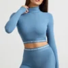 Backless Turtleneck Long-Sleeve Crop Top in Steel Blue Backless Turtleneck Long-Sleeve Crop Top in Steel Blue