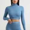 Backless Turtleneck Long-Sleeve Crop Top in Steel Blue Backless Turtleneck Long-Sleeve Crop Top in Steel Blue