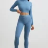 Backless Turtleneck Long-Sleeve Crop Top in Steel Blue Backless Turtleneck Long-Sleeve Crop Top in Steel Blue