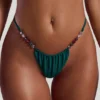 Curacao Bead-Embellished Drawstring Thong Bikini Bottoms in Jade Green