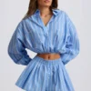 Cotton Poplin Stripe Multiway Cropped Shirt in Blue Stripe