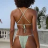 Crinkle Swim Side Tie Cheeky Bikini Bottoms in Sage