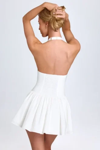 Jessalie Pintucked Halterneck Mini Dress in White