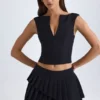 Kadie V-Neck Structured Crop Top in Black