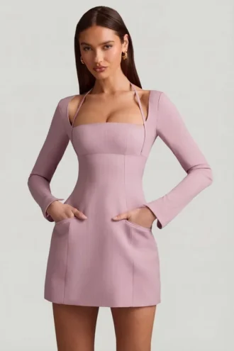 Ksenia Pinstripe Structured A-Line Mini Dress in Mauve