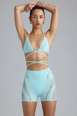 Liberty Embellished Cross-Strap Bikini Top in Ice Blue