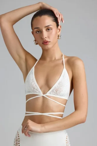 Liberty Embellished Cross-Strap Bikini Top in Ivory