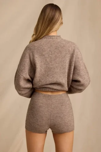 Mid-Rise Knit Mini Shorts in Brown Marl
