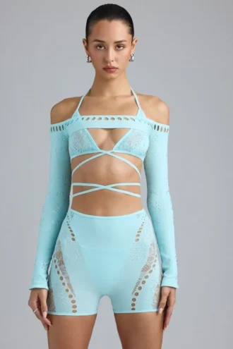 Pixie Embellished Cropped Shrug in Ice Blue