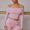 Sheer Off-Shoulder Long-Sleeve Top in Soft Pink Sheer Off-Shoulder Long-Sleeve Top in Soft Pink