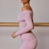 Sheer Off-Shoulder Long-Sleeve Top in Soft Pink Sheer Off-Shoulder Long-Sleeve Top in Soft Pink