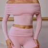 Sheer Off-Shoulder Long-Sleeve Top in Soft Pink Sheer Off-Shoulder Long-Sleeve Top in Soft Pink