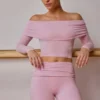 Sheer Off-Shoulder Long-Sleeve Top in Soft Pink Sheer Off-Shoulder Long-Sleeve Top in Soft Pink
