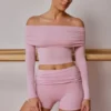 Sheer Off-Shoulder Long-Sleeve Top in Soft Pink Sheer Off-Shoulder Long-Sleeve Top in Soft Pink